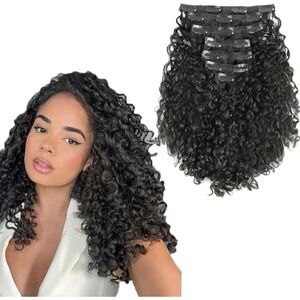 14 Inch Curly‎ Human Hair Clip In Extensions 1B Natural Black 120g 7pcs NEW
